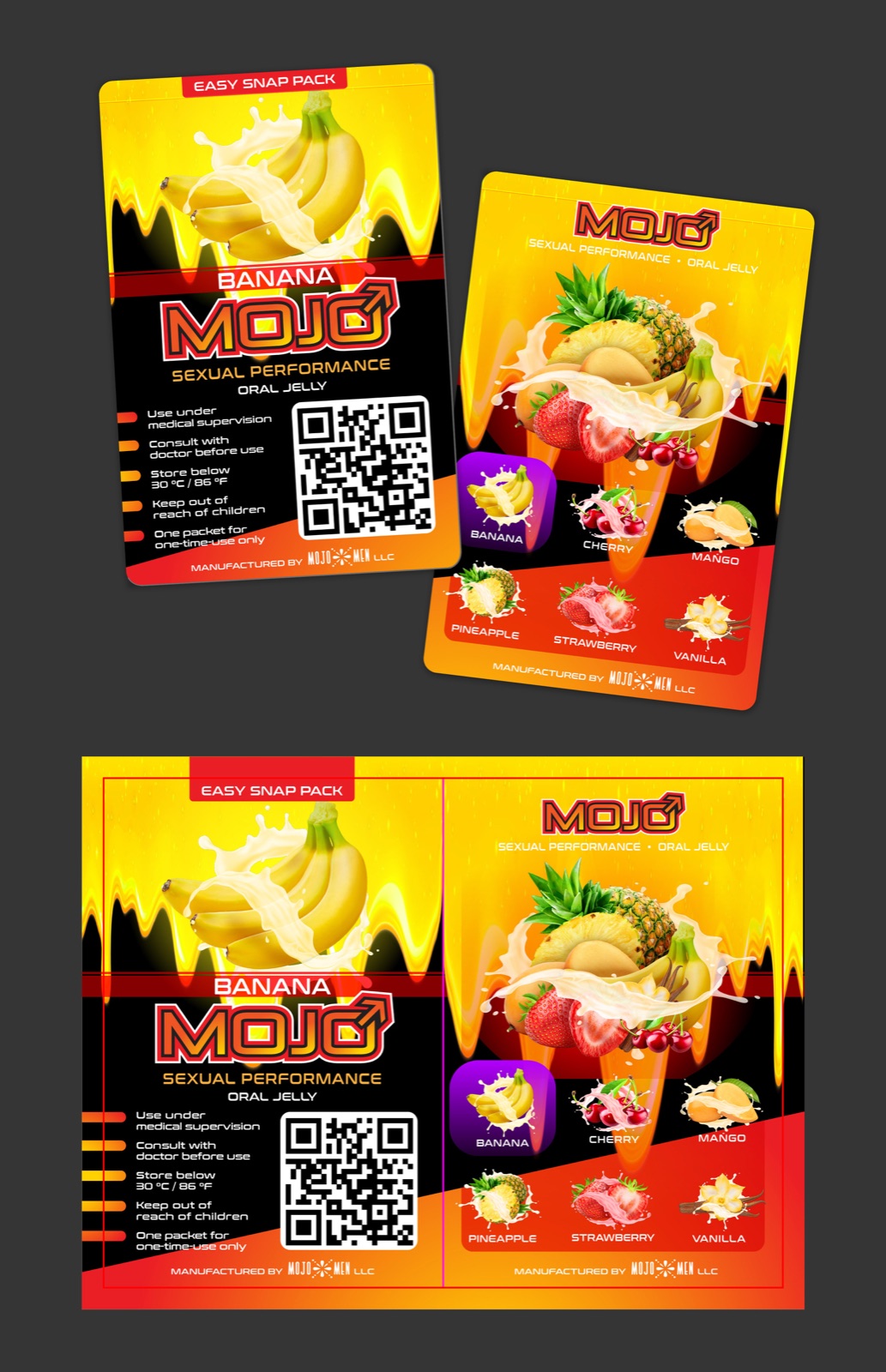 Mojo Men Banana sachet packet mockup, front and back
