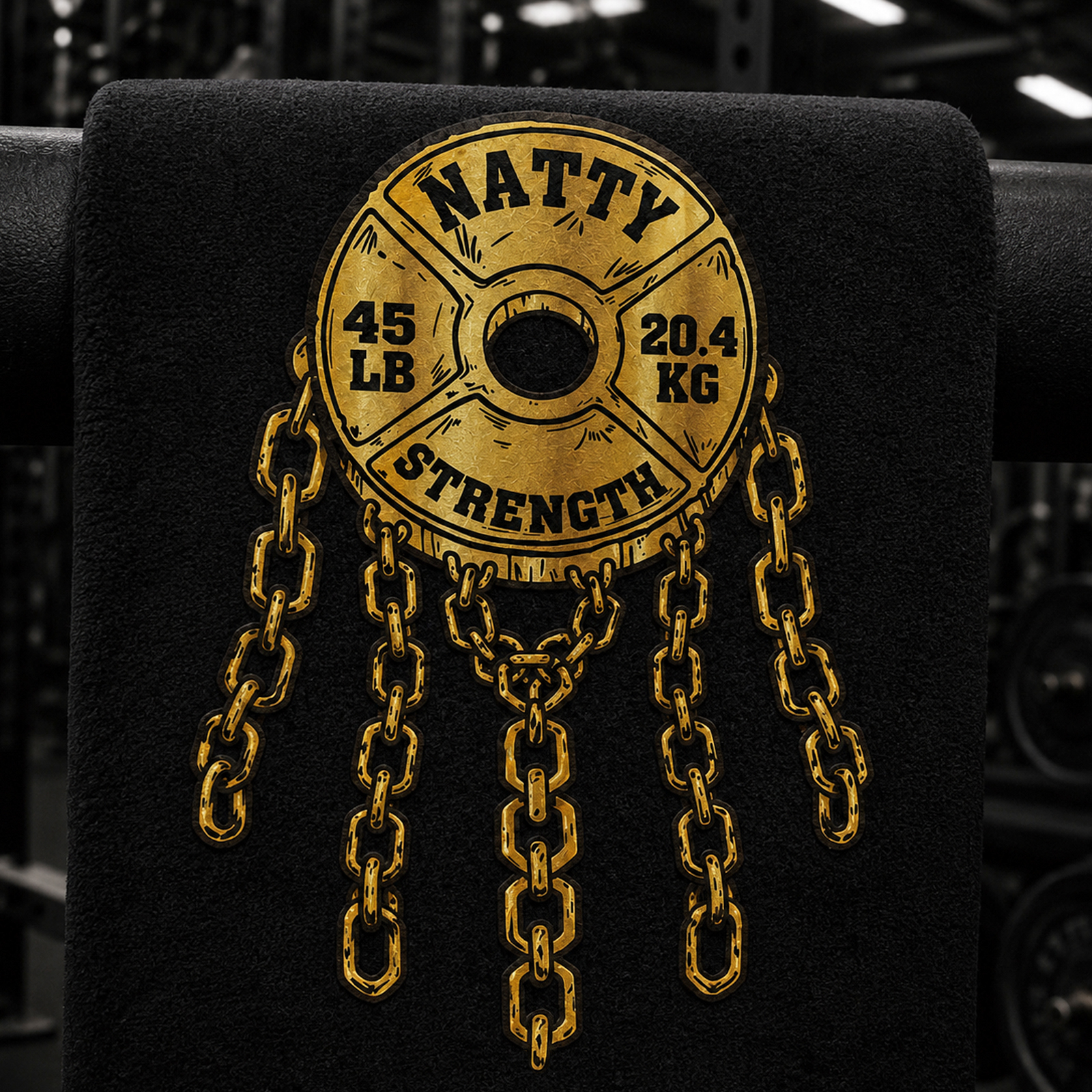 Natty Strength illustrated graphic shown on gym gear in a weight room setting