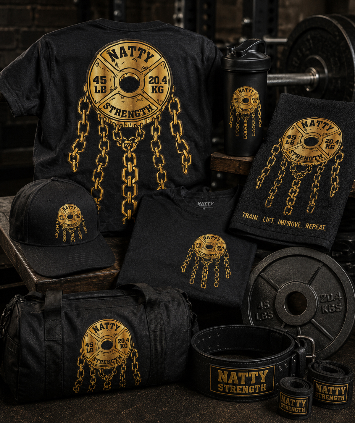 The graphic is presented across an apparel and gym merchandise system
