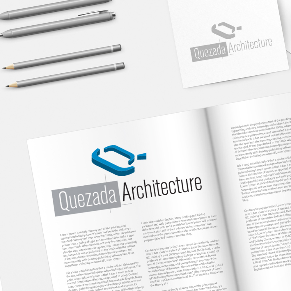 Logo close-up featuring 3D “Q” structure and thin font design for Quezada Architecture