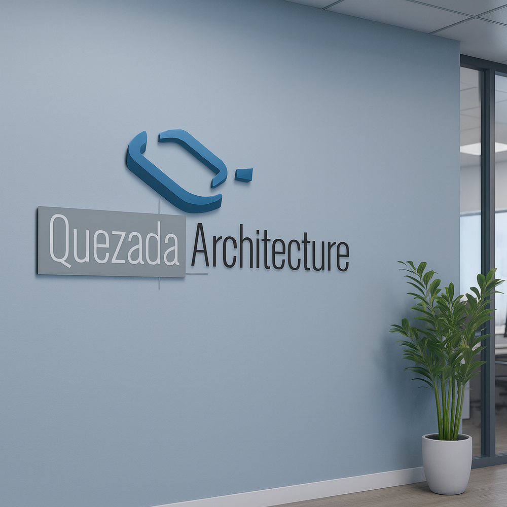 Quezada Architecture logo on a printed branding mockup with pens and stationary