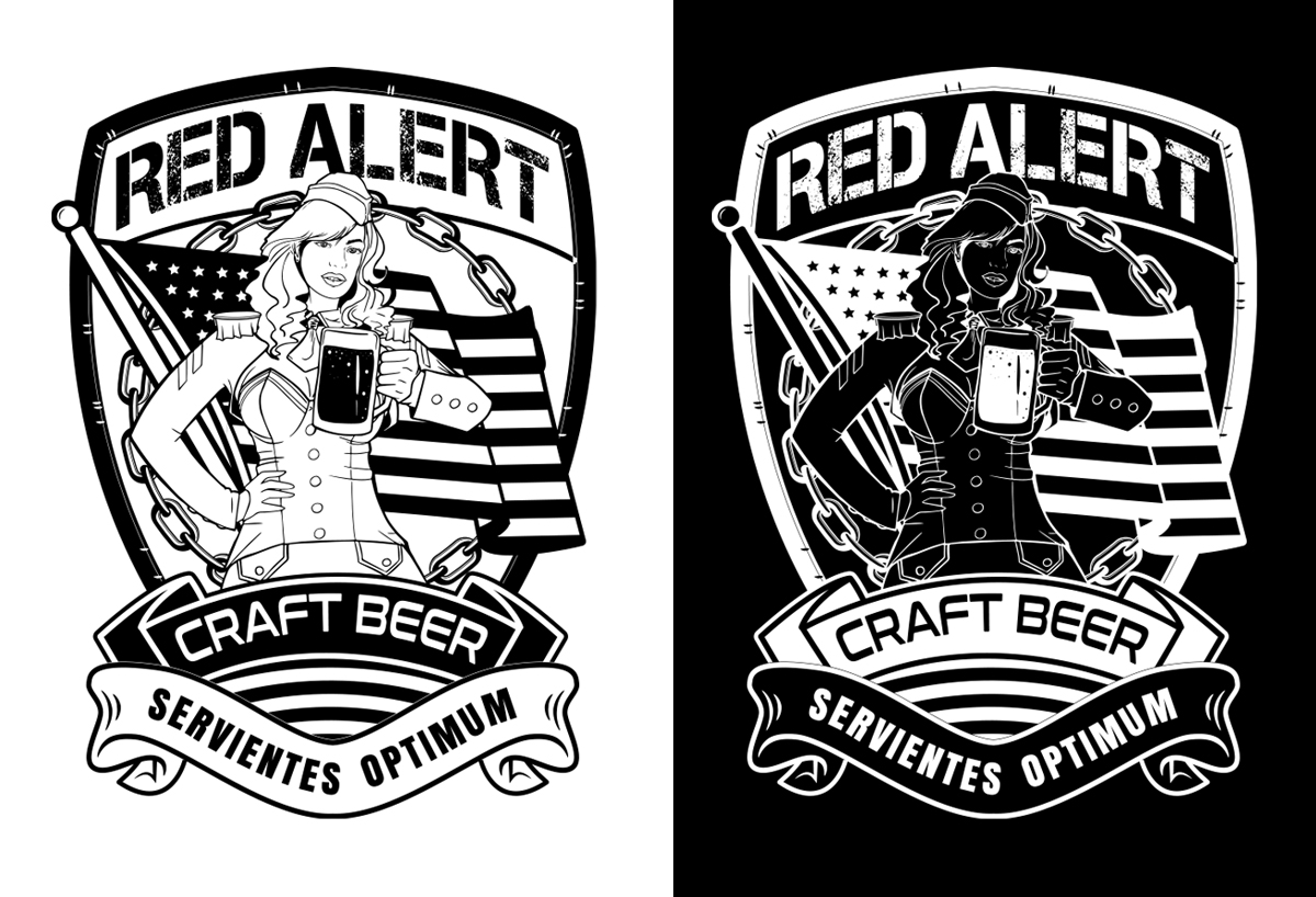 Red Alert badge mark shown in positive and reverse black and white treatments side by side