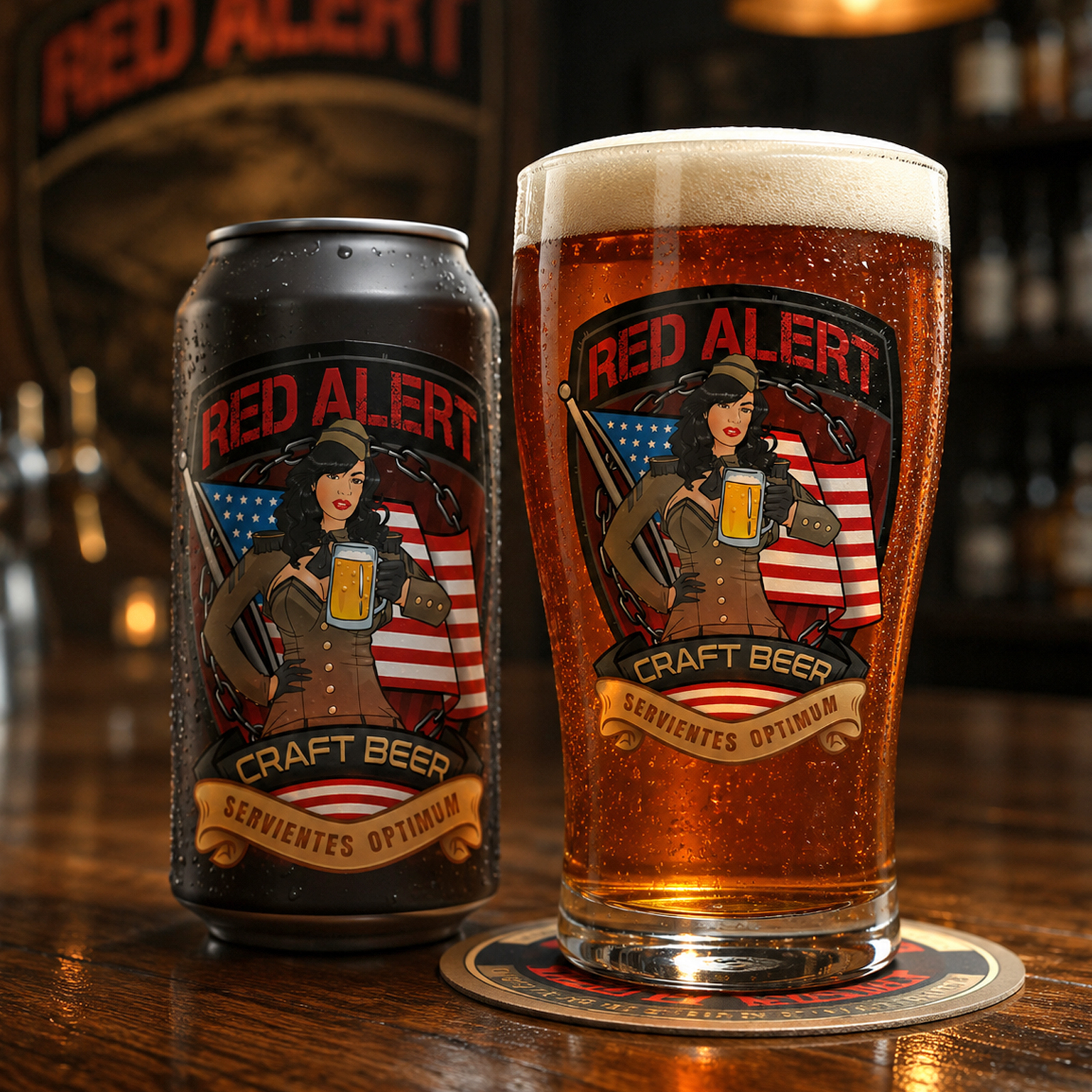 Red Alert illustrated badge applied to a craft beer can and pint glass in a bar setting