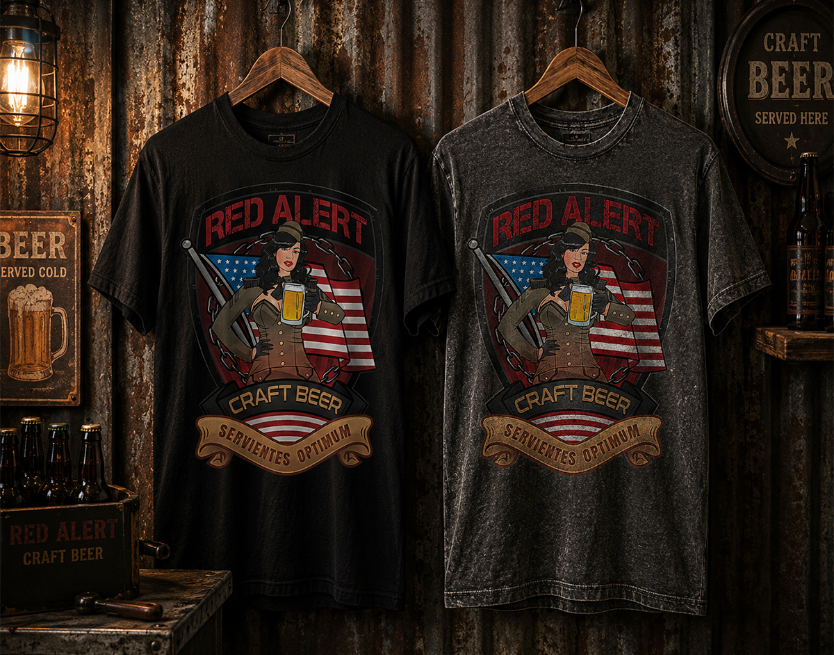 Red Alert badge applied to black and heather gray apparel mockups
