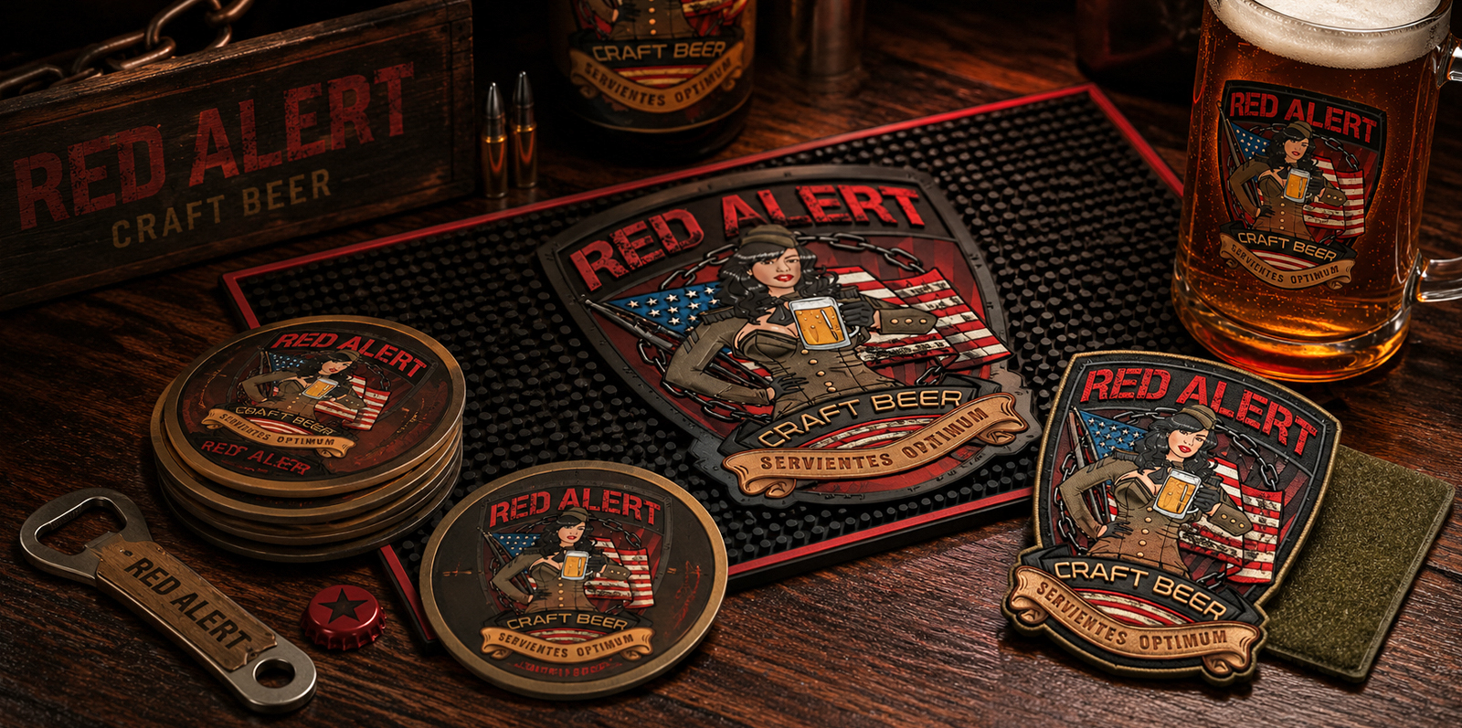 Red Alert identity presented across bar and merchandise applications including a bar mat, coasters, a patch, a mug, and a bottle opener