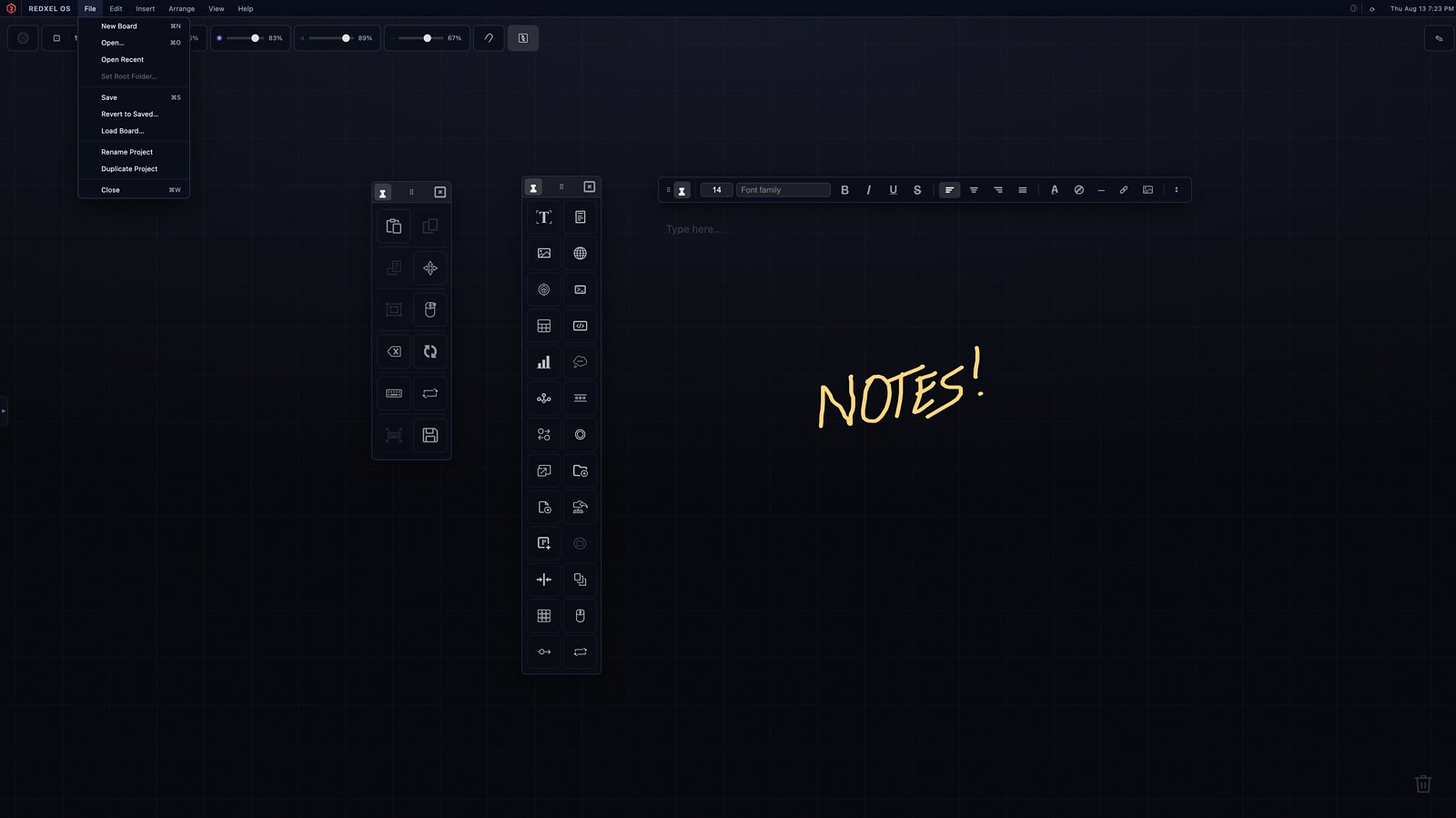 REDXEL OS workspace showing the dark spatial canvas, project File menu, floating tool palettes, text controls and handwritten notes