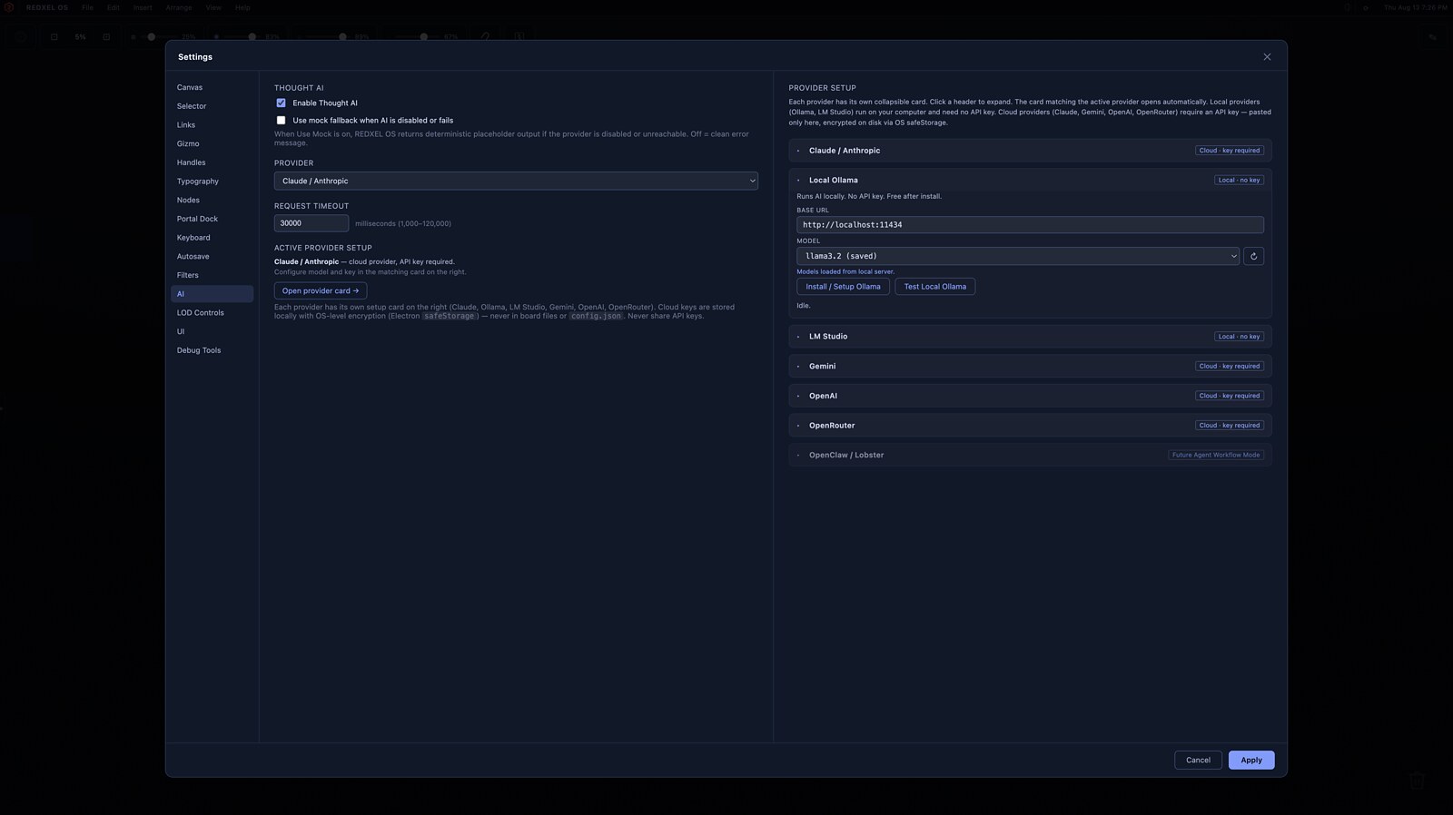 REDXEL OS AI settings showing configurable cloud and local providers including Claude, Ollama, LM Studio, Gemini, OpenAI and OpenRouter