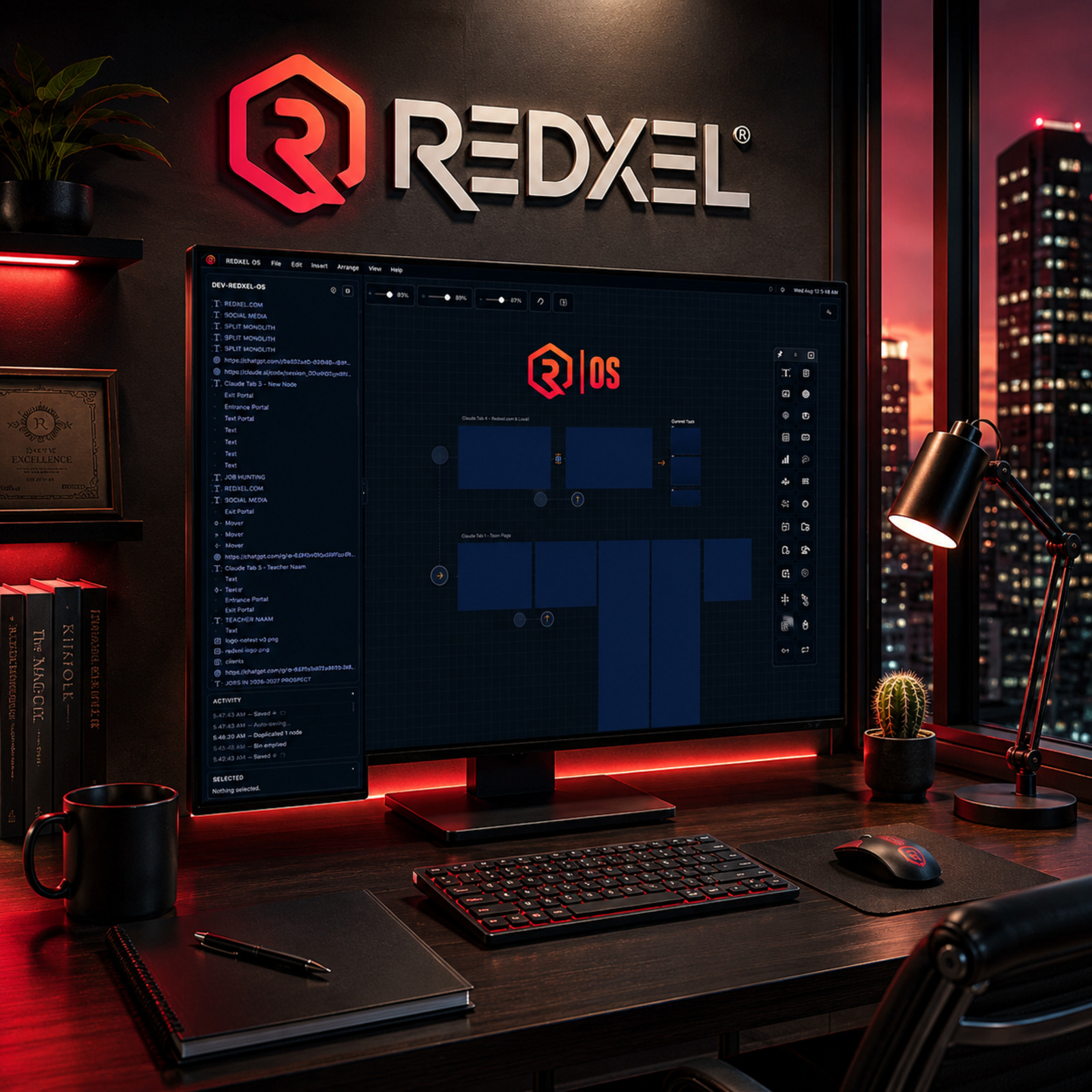 REDXEL OS desktop workspace showing a dark visual canvas with project and workflow controls