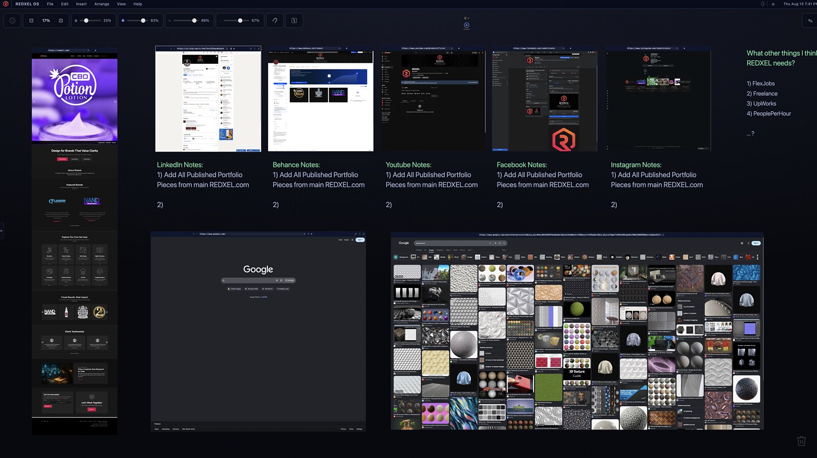 REDXEL OS project board organizing REDXEL website, social-platform planning, browser research, notes and visual references in one spatial workspace