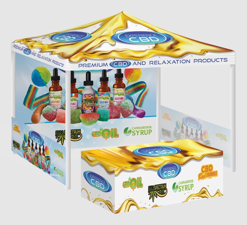 Mockup of the Experience CBD canopy with golden oil-drip roof, Premium CBD and Relaxation Products valance, dropper bottle artwork and a table cover with product logos