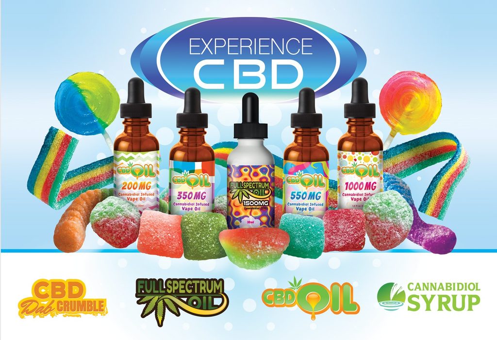 Experience CBD table banner artwork: Experience CBD logo, five dropper bottles labelled 200, 350, 1500 full spectrum, 550 and 1000 MG, candies and a row of product logos