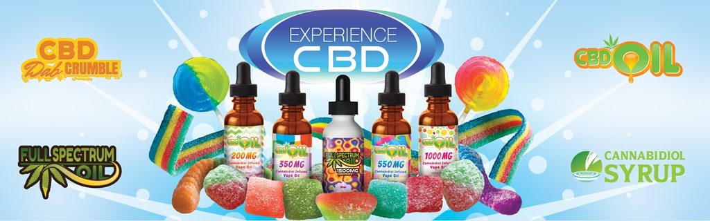 Experience CBD wide table banner artwork with the product line, light rays and product logos at the sides