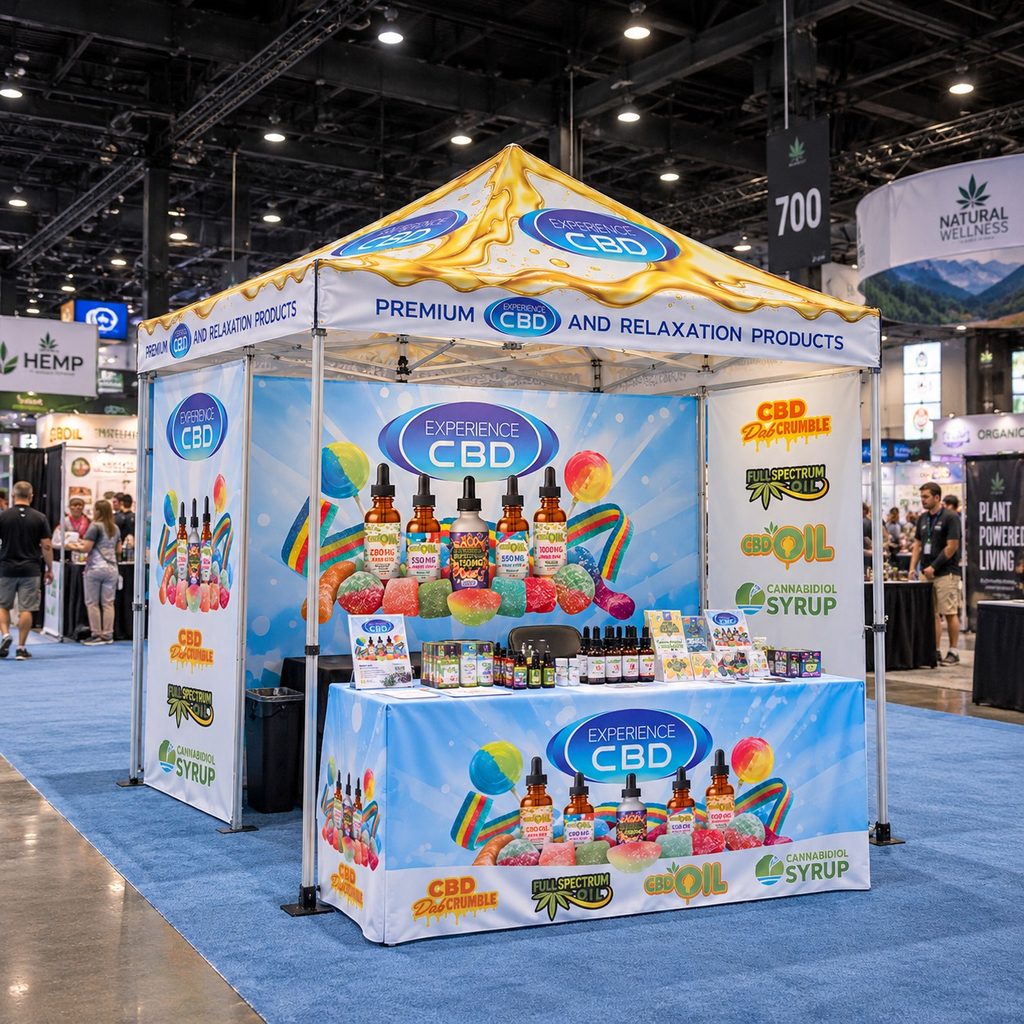 Experience CBD canopy and table cover display at an expo, with a golden oil-drip roof, dropper bottle backwall and product logos