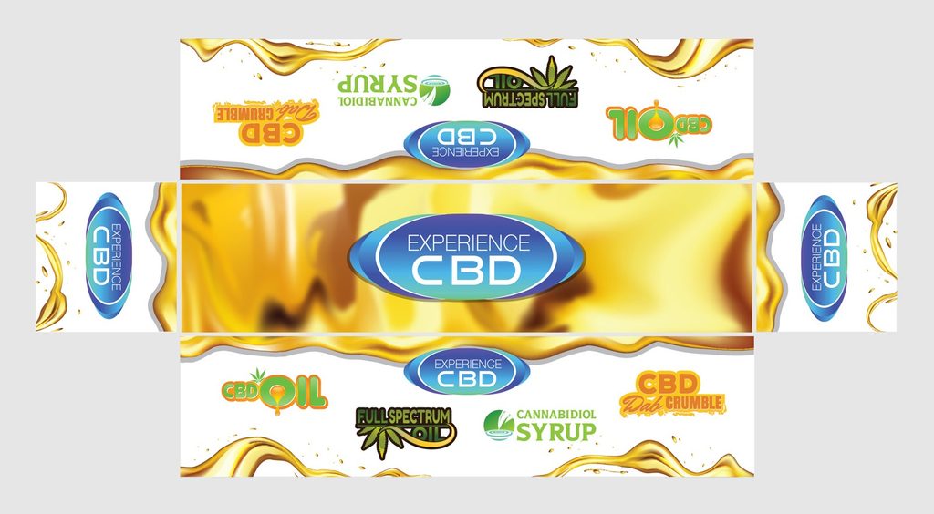 Flat print template for the Experience CBD table cover with golden oil-drip artwork, Experience CBD logos and product logos
