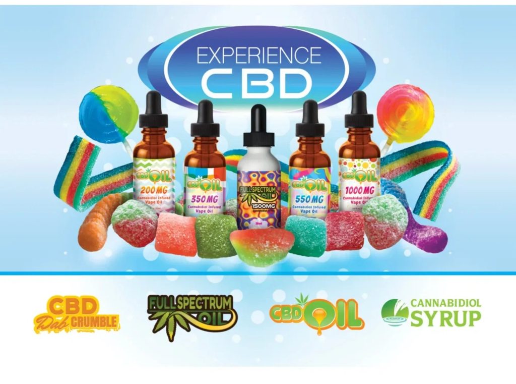 Experience CBD table banner artwork: Experience CBD logo, five dropper bottles labelled 200, 350, 1500 full spectrum, 550 and 1000 MG, candies and a row of product logos