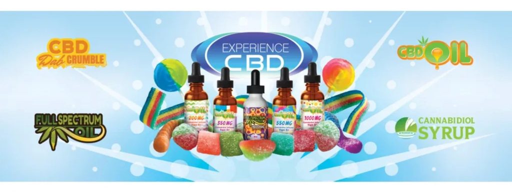Experience CBD wide table banner artwork with the product line, light rays and product logos at the sides