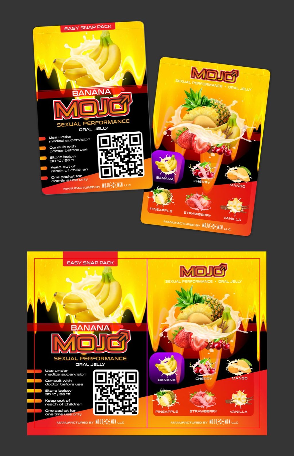 Mojo Men Banana sachet packet mockup, front and back