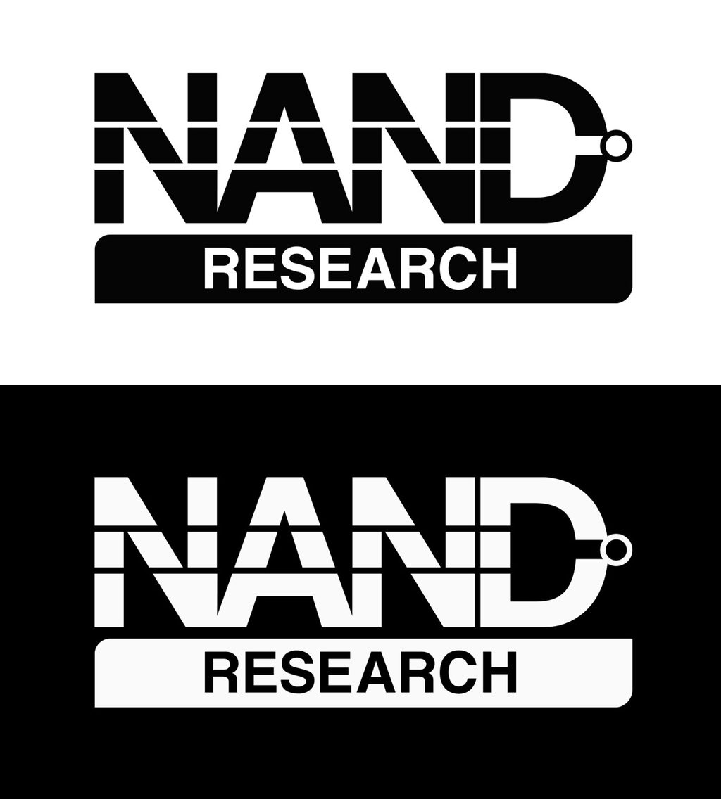 NAND Research identity comparison showing the full wordmark, RESEARCH lockup, and NAND-gate-inspired icon across light and dark applications