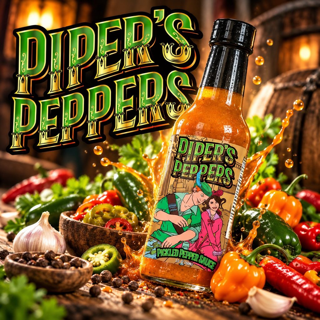 Piper's Peppers pickled pepper sauce bottle with the ornate green and gold logo, surrounded by fresh peppers, garlic and splashing sauce