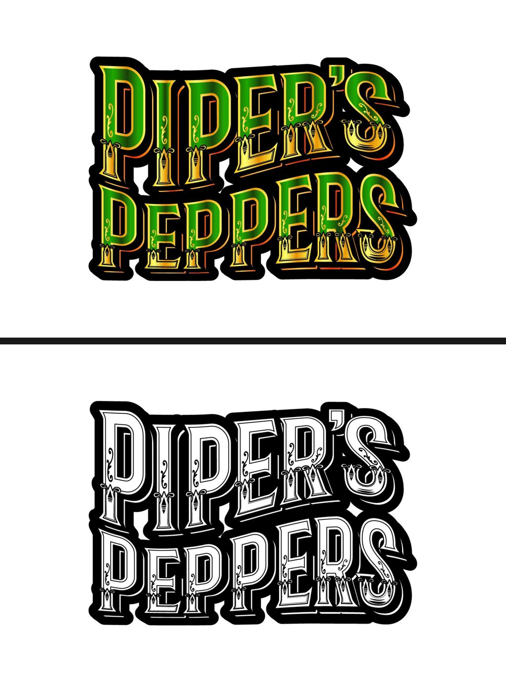 Piper's Peppers logo: the ornate green and gold version above the white lettering with black outline version