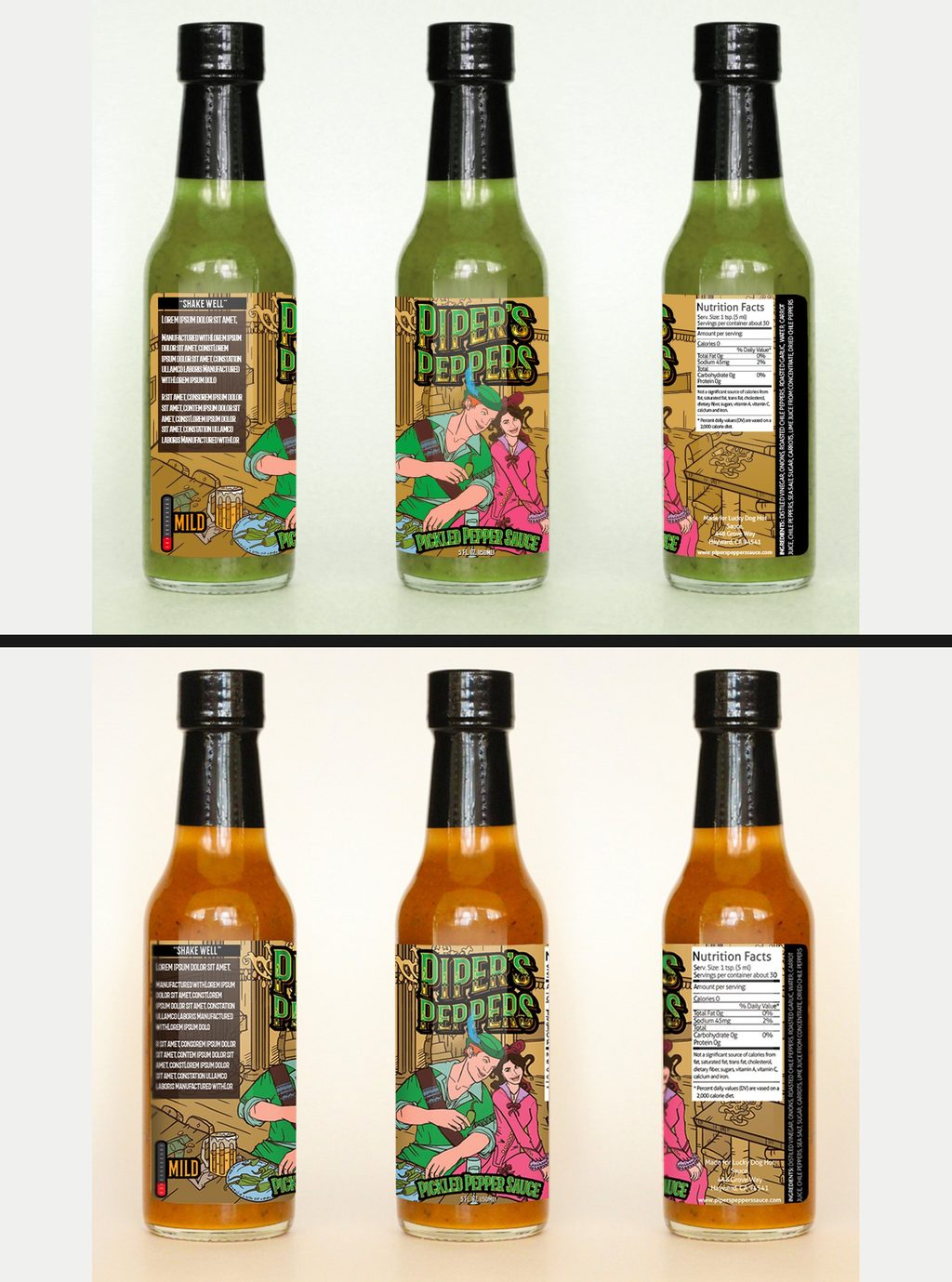 Digital design mock-ups of three Piper's Peppers bottles with green (Mild) sauce above three bottles with amber sauce