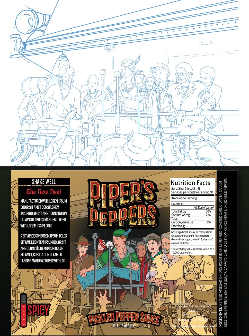 The New Deal label illustration: the line art stage above the finished label