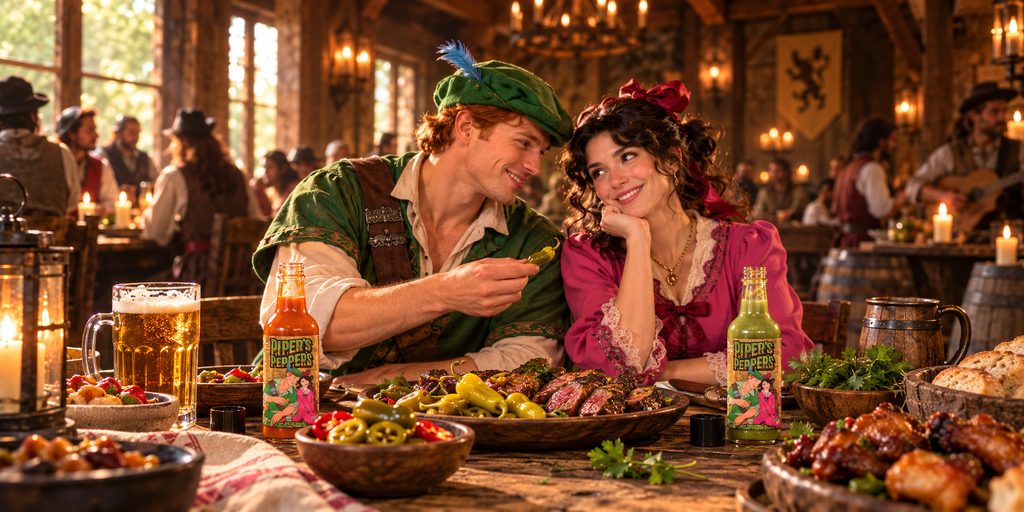 A couple sharing Piper's Peppers sauces and tavern food at a candlelit table