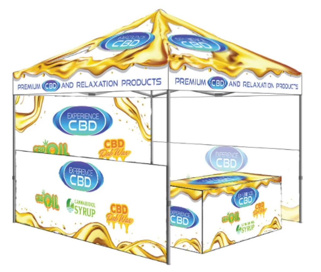 Design proof of a branded canopy with roof, valance, two sidewalls and a printed table cover, with a golden oil swirl pattern and product logos