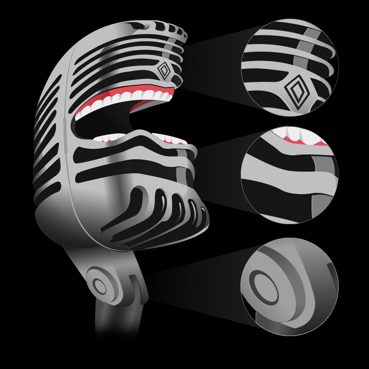 Close up of the clashing microphone illustration showing detail and rendering quality