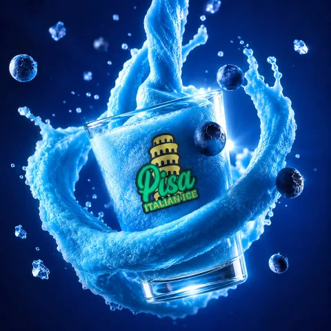A glass of vibrant blue Italian ice with the ‘Pisa Italian Ice’ logo, surrounded by a swirling frozen splash and flying blueberries, all set against a deep, glowing blue background for a refreshing and dynamic visual.