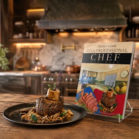 Chef Ben Diaz cookbook mockup shown on a rustic kitchen table with Chef Ben blurred in the background working near open flames