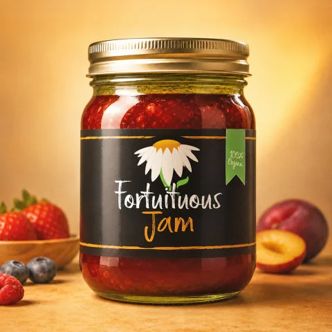 Fortuitous Jam primary logo, full color with decorative dot border on dark background