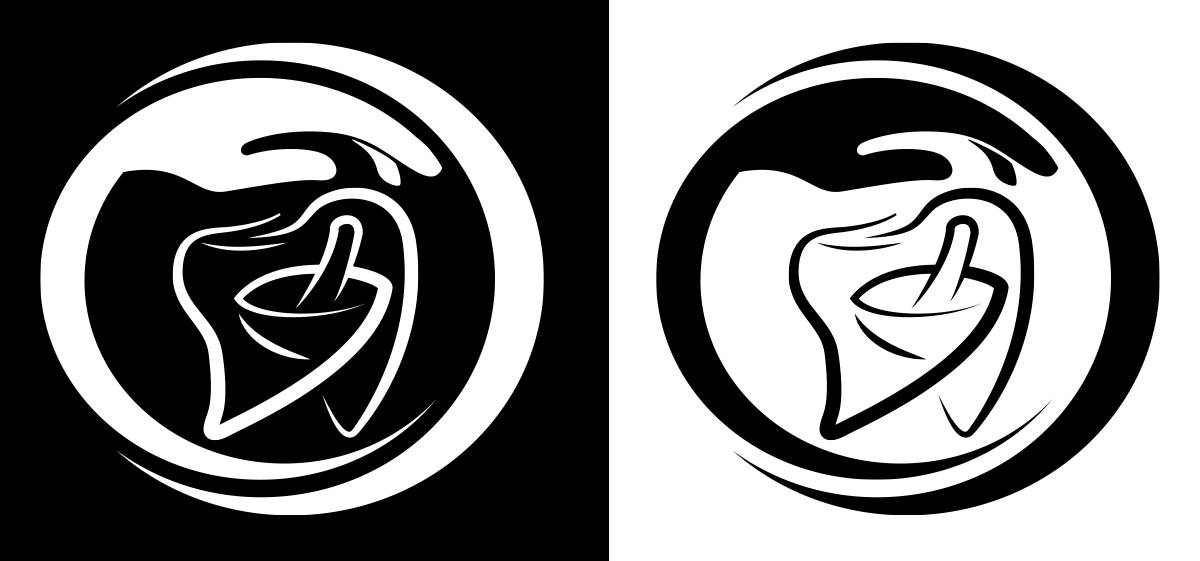 VC&G tooth icon in black and white on dark and light backgrounds