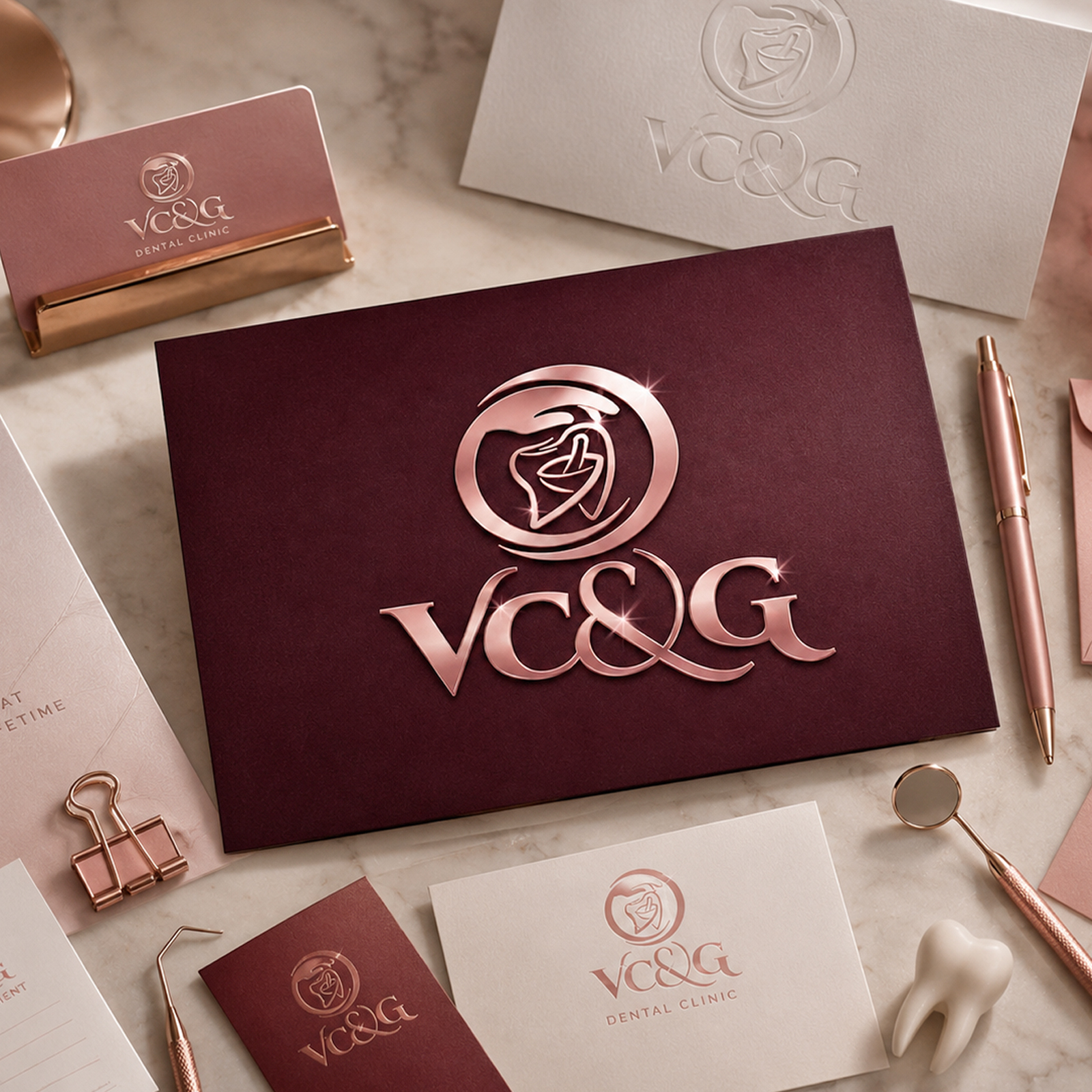 The VC&G identity is presented across premium dental clinic stationery and materials