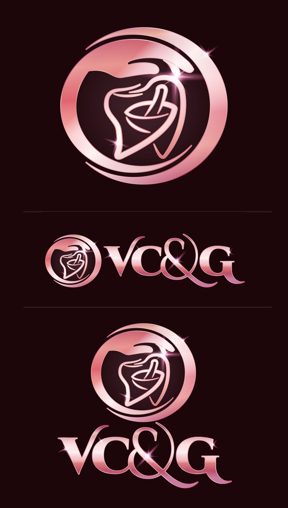 VC&G rose gold icon and wordmark lockups on a deep burgundy background