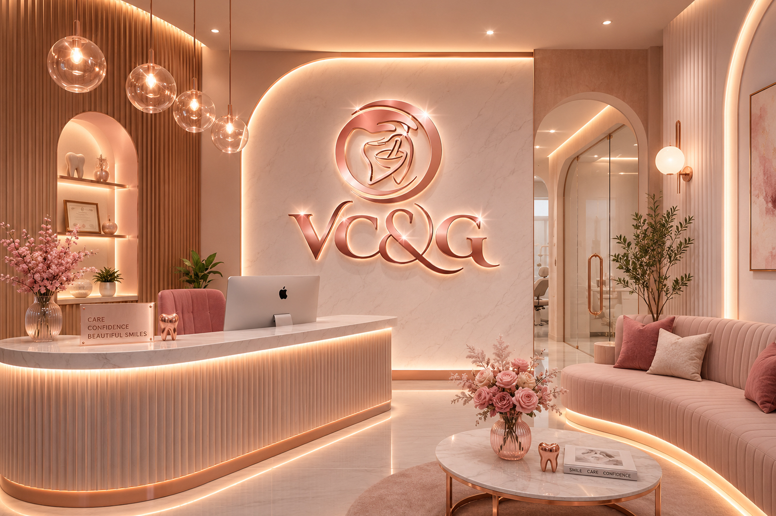 The identity is presented in a luxury dental clinic reception with VC&G wall signage
