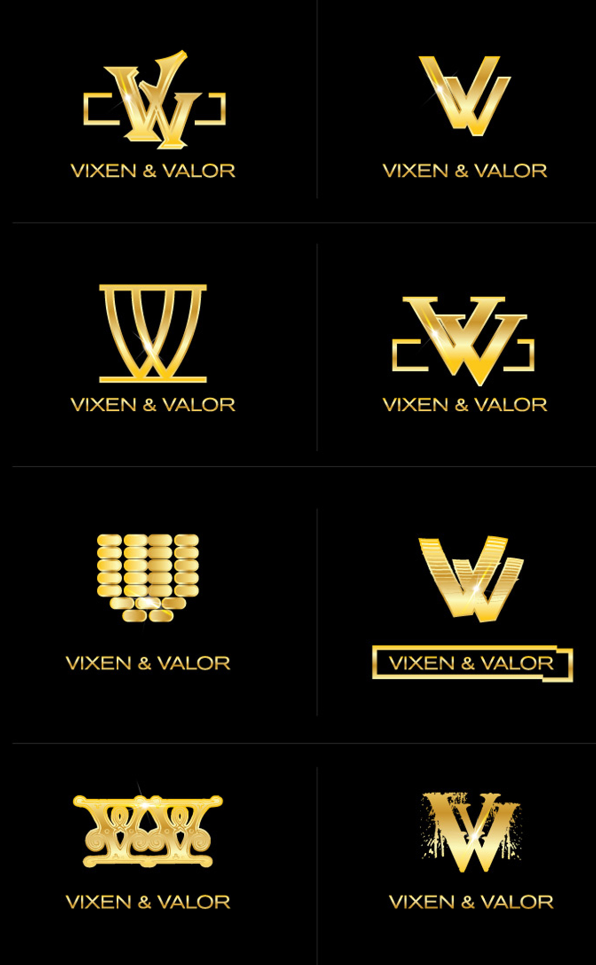 Vixen and Valor concept exploration sheet showing multiple monogram directions