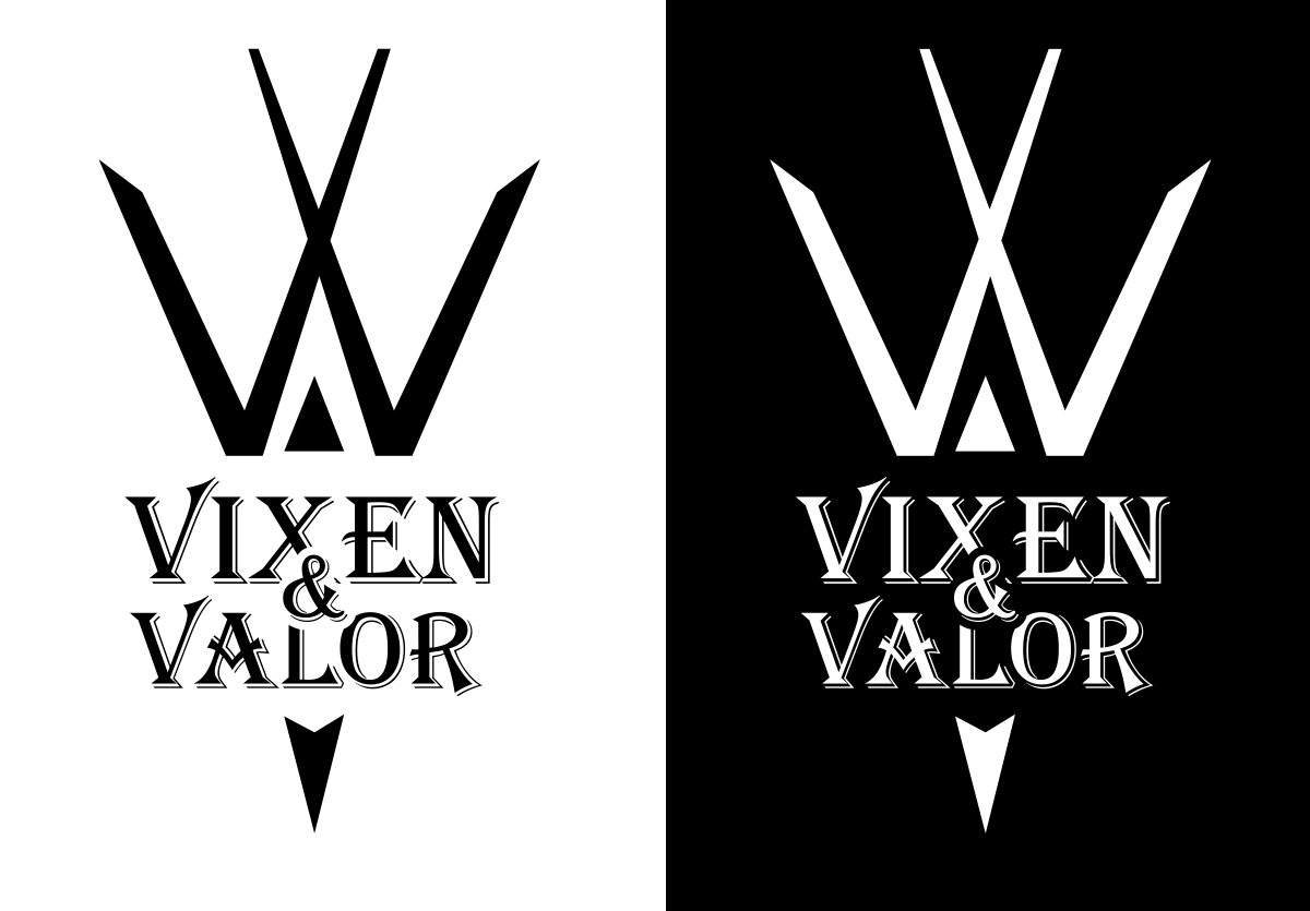 Vixen and Valor final mark shown in black on light and gold on dark presentations