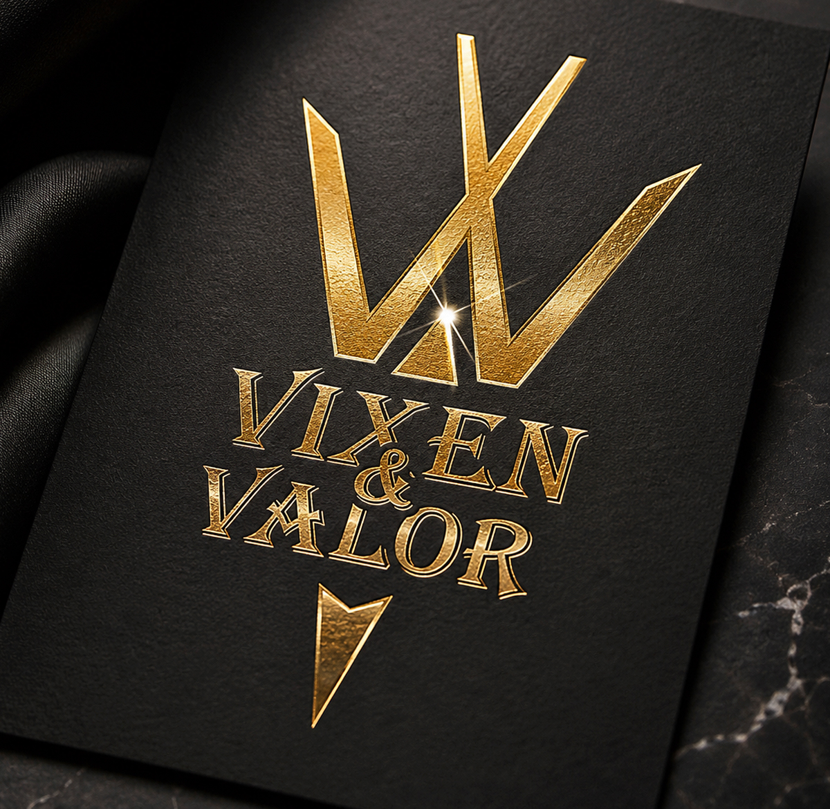 Close up of the Vixen and Valor logo foil stamped on a luxury hangtag