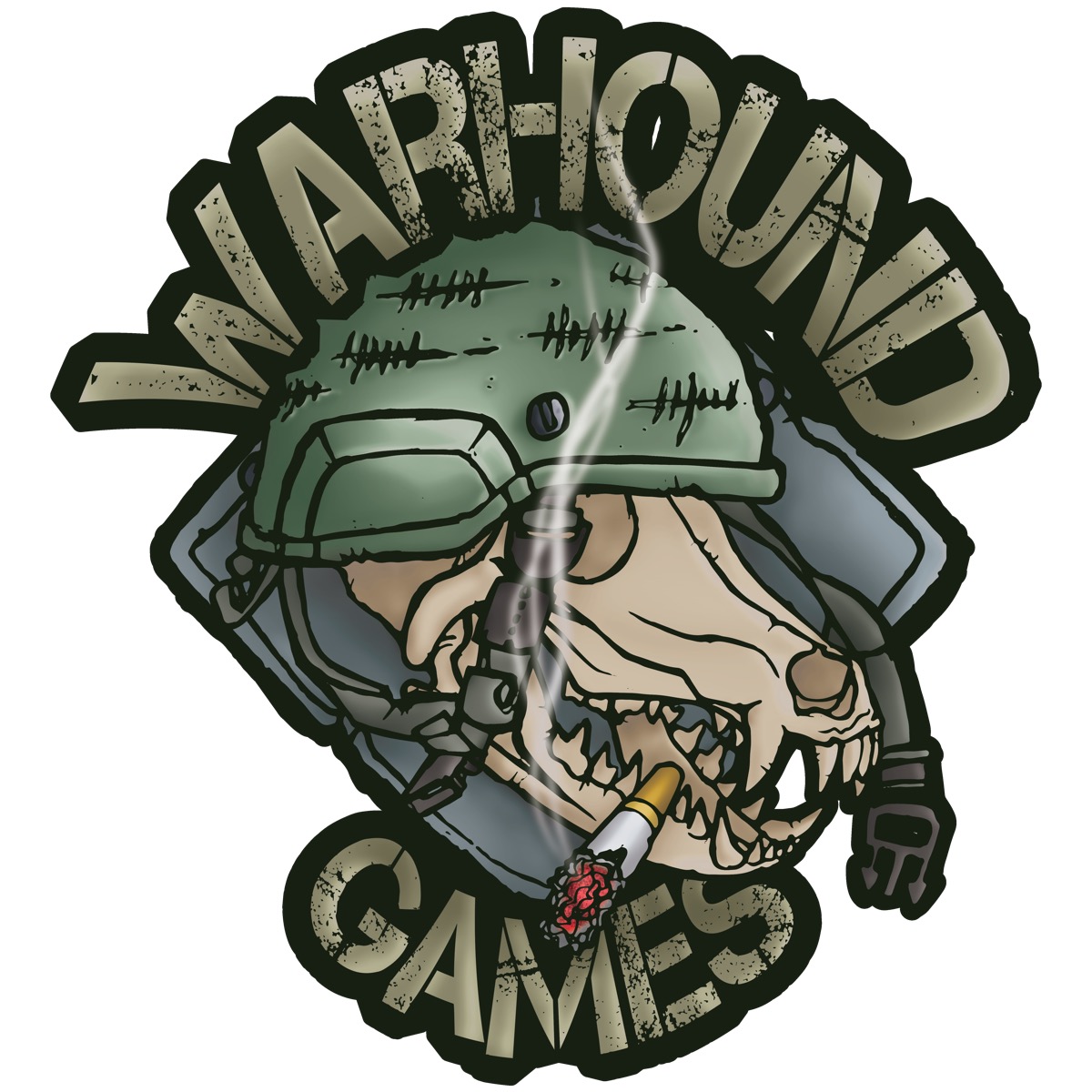 Warhound Games logo stressed/textured raster version -- gritty worn-texture finish for merchandise and apparel use