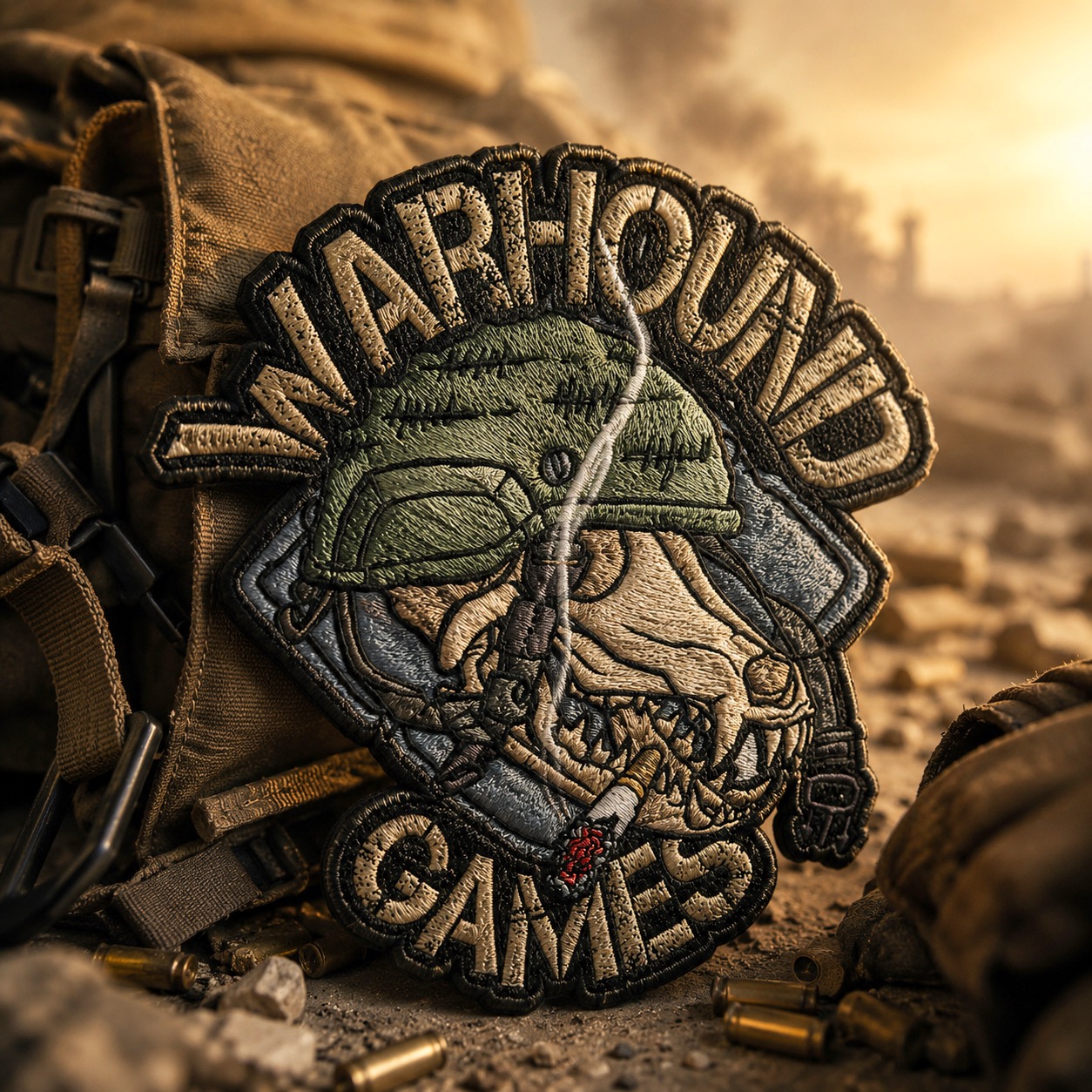 Warhound Games logo case study composite showing the character mark in color and textured raster versions on dark background